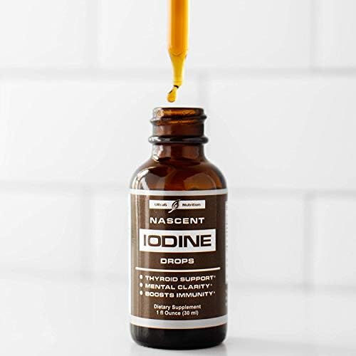 Back label view of Nascent Iodine liquid drops highlighting the pure USP grade ingredients and kosher vegetable glycerin base.