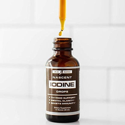 Back label view of Nascent Iodine liquid drops highlighting the pure USP grade ingredients and kosher vegetable glycerin base.