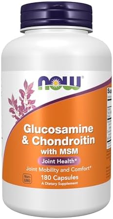 Side angle of NOW Foods joint support bottle displaying allergen warnings and non-GMO labels