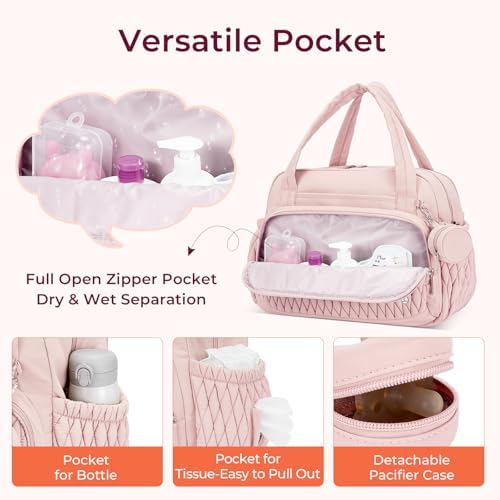 Telena puffer baby bag side view displaying quick access wipe slot