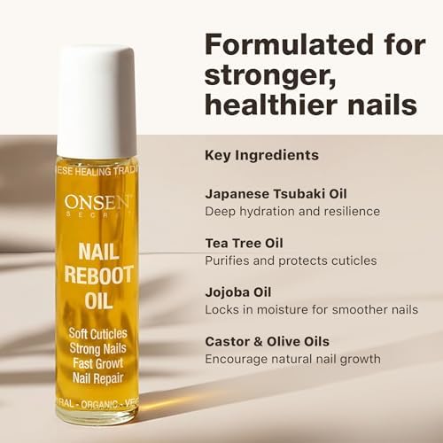 Applying Onsen Secret nail repair oil to cuticles