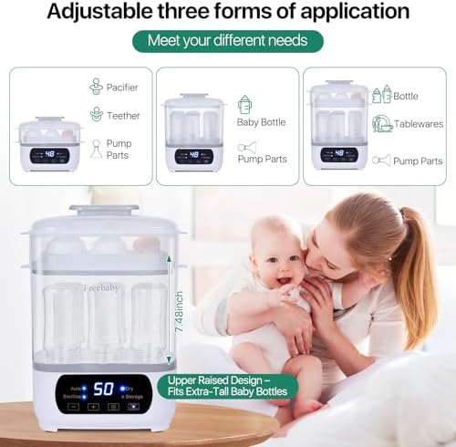 Close up view of the Freebaby electric steam sanitizer accessory tray holding breast pump parts and silicone pacifiers.