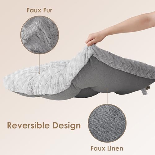 Fully expanded EHEYCIGA thirty-five by twenty-three inch premium grey dog bed resting on a living room floor.