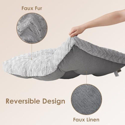 Fully expanded EHEYCIGA thirty-five by twenty-three inch premium grey dog bed resting on a living room floor.