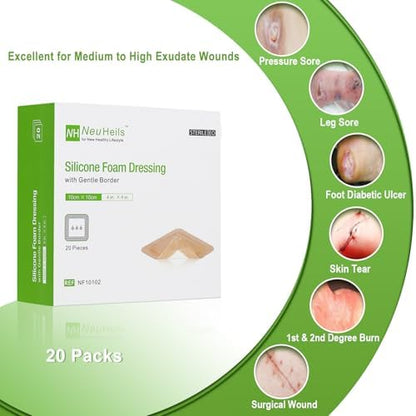 NeuHeils silicone wound bandage displaying the gentle adhesive border and multi-layer absorbent foam pad