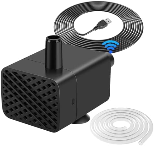 Five volt small fountain pump operating quietly inside a clear glass aquarium fish tank setup.