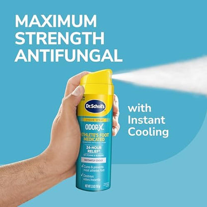 Dr. Scholl's foot care spray being used for instant cooling and odor control.