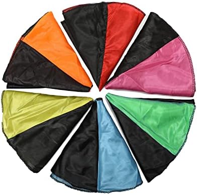 A child throwing the holiday character parachute toy high into the air in a spacious green backyard.