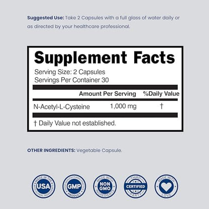 Dorado Nutrition NAC bottle back label ingredient information