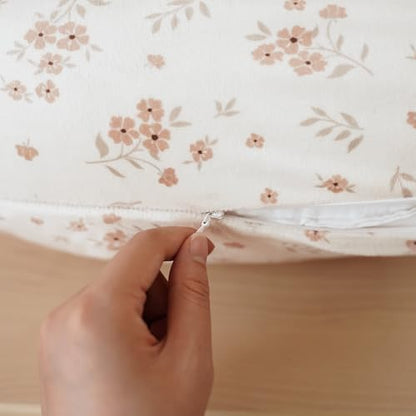 Two pack set of Konssy breastfeeding cushion covers displaying the detailed Blossom floral print and solid Brown tone.