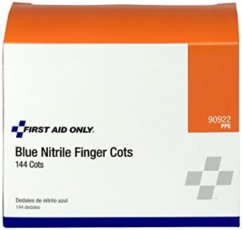 First Aid Only 144 pack box of anti static disposable finger cots showing application instructions.
