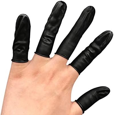 Close-up view of a flexible latex fingertip protective glove being stretched