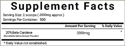 Wonderland Herbs Dunaliella Salina 20 percent beta carotene powder container showcasing nutritional profile text.
