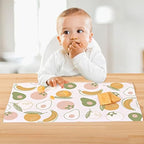 Measurement graphic illustrating the large coverage dimensions of the non toxic baby dining mat on a wooden table