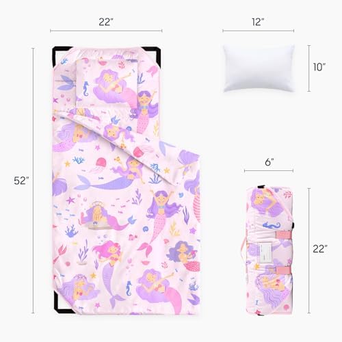 Wake In Cloud kids sleep mat fully unrolled showing the attached blanket and matching removable pillow layout.