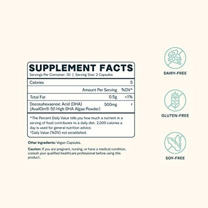 Ora Organic plant based DHA 60 capsules packaging showcasing nutritional benefits.