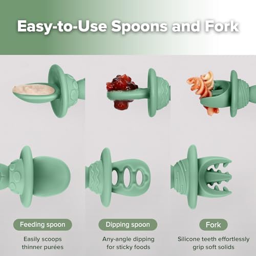 Haakaa astronaut cutlery set illustrating the easy-grip handle design for toddlers.