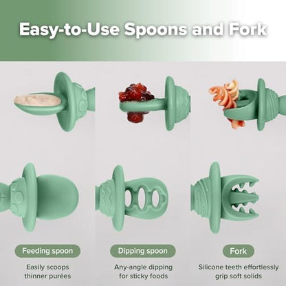 Haakaa astronaut cutlery set illustrating the easy-grip handle design for toddlers.