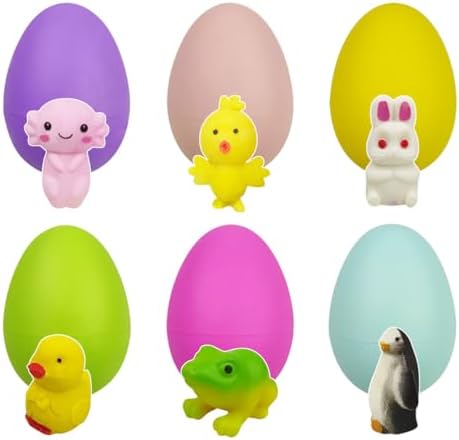 Six colorful surprise animal eggs lined up before immersion in water