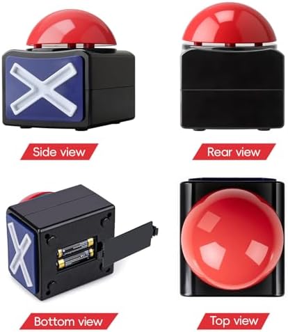 Side view of the trivia contest prop button highlighting the white cross symbol