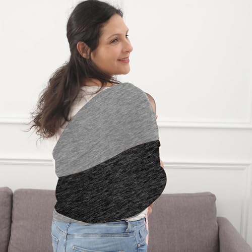 Kloovete heather grey baby carrier wrap showing proper shoulder wrap alignment to prevent back pain