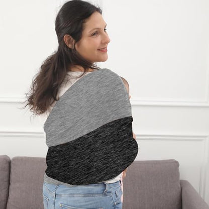Kloovete heather grey baby carrier wrap showing proper shoulder wrap alignment to prevent back pain