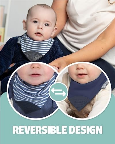 Adjustable snap buttons on the back of the Cheeky Chompers teething bib for growing infants.