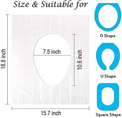Waterproof non-slip plastic toilet seat protector unfolded on a standard bathroom commode seat