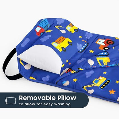 Wake In Cloud daycare mat rolled up with hook-and-loop closures and carry handle.