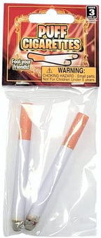 Close up view of the simulated gray ash and glowing tip on Zugar Land cigarettes