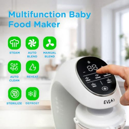 EVLA'S imported baby food maker set including the main white blending unit and six reusable storage pouches