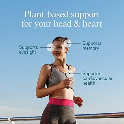 Algae derived vegan omega 3 supplement by Ora Organic highlighting brain and heart support.