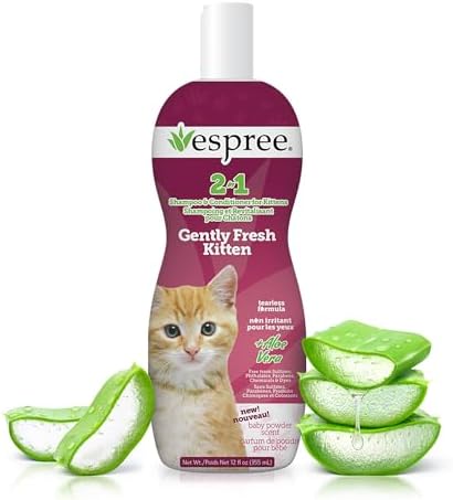 Authentic Espree two in one kitten shampoo bottle showing the natural aloe vera ingredient highlight.