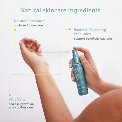 SAY LA V feminine wellness mist packaging detailing pH balanced and gynecologist tested labels.
