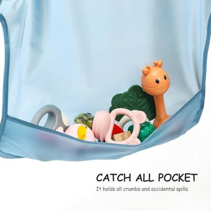 Sleeved baby bib protecting clothes during messy playtime and feeding sessions