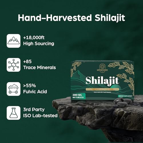 Close up of the non GMO unflavored Kanacoufce 500mg shilajit tablets dietary supplement facts panel