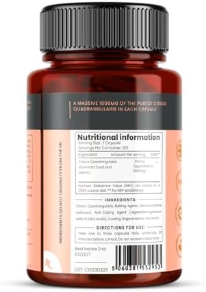 Pureclinica Cissus Quadrangularis 180 veggie capsules nutritional facts label.