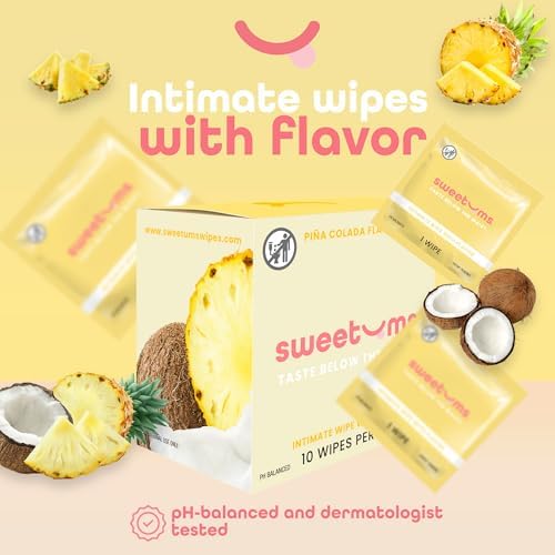 Individually wrapped Sweetums feminine wipes with pineapple and coconut design