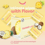 Individually wrapped Sweetums feminine wipes with pineapple and coconut design