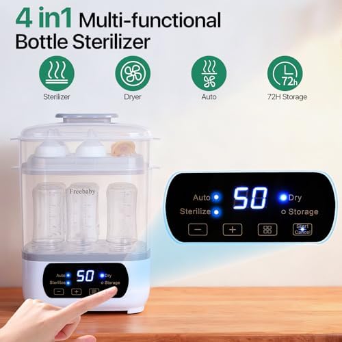 Side profile of the Freebaby baby bottle sanitizer highlighting its compact kitchen counter footprint and premium build quality.