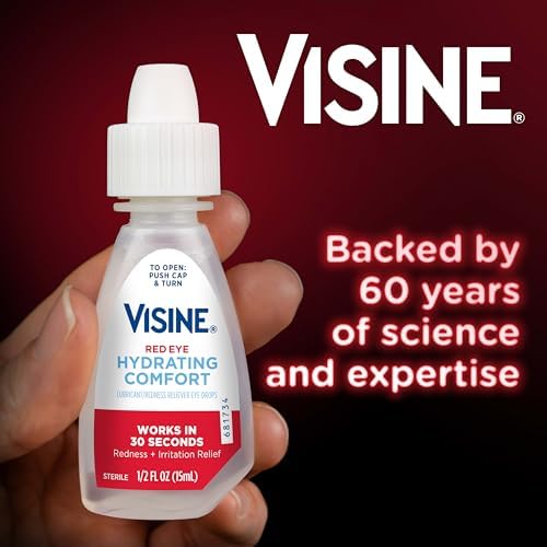 Sterile lubricant eye drops packaging showing active ingredients for red eye relief.