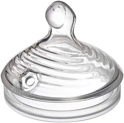 Close up view of the extra soft silicone baby bottle teat showcasing three flow holes