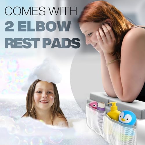 Benicci bath elbow rest with toy storage pockets attached to tub