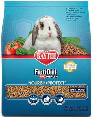 Kaytee adult rabbit food pellets spread out highlighting the uniform nutrition to prevent selective eating.
