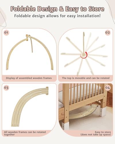 Close up of hanging developmental toys on wooden baby gym