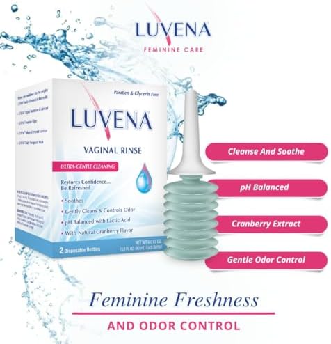 Luvena feminine wash bottles with applicator tips showing paraben-free formula details.