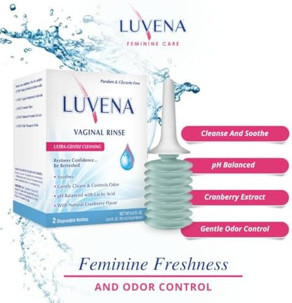 Luvena feminine wash bottles with applicator tips showing paraben-free formula details.
