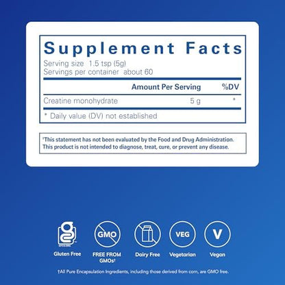 Pure Encapsulations Creatine 315 gram label showing supplement facts.