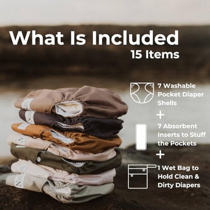 Nora's Nursery baby reusable diapers flat layout with bamboo inserts and matching wet bag