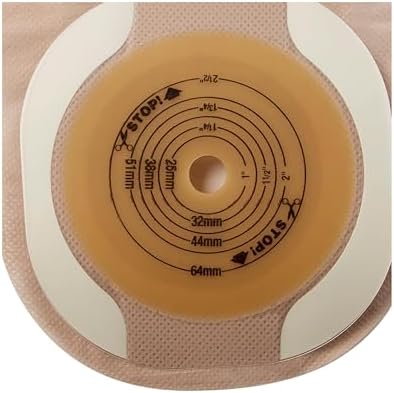 Back view of Hollister one-piece ostomy pouch highlighting the cut-to-fit adhesive tape border and skin barrier
